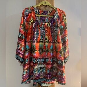 Beverly Drive 3X Abstract Diamonds Orange Multi Colorful Blouse Too Button Front